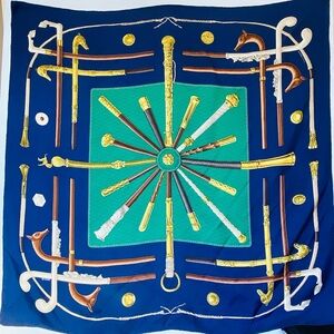 HERMES Cannes et Pommeaux Silk Scarf Navy Blue